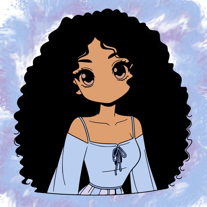a black anime girl with long afro hair