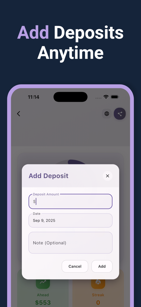 Savings Tracker & Goals - Interfaz para agregar un depósito de ahorro con campos para monto, fecha y notas