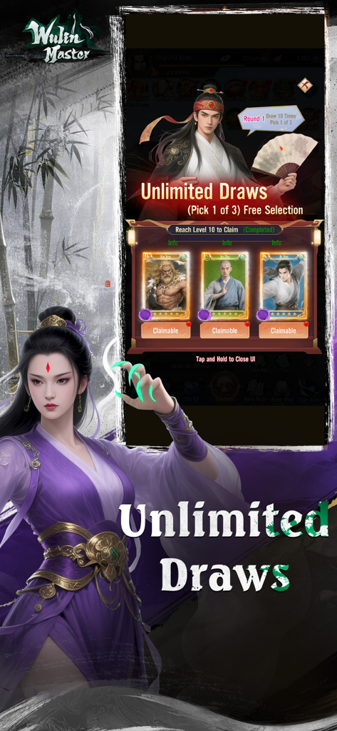 Wulin Master - Vplay - Wulin Master mobile game screen showing unlimited draws and hero selection of legendary Jin Yong characters.