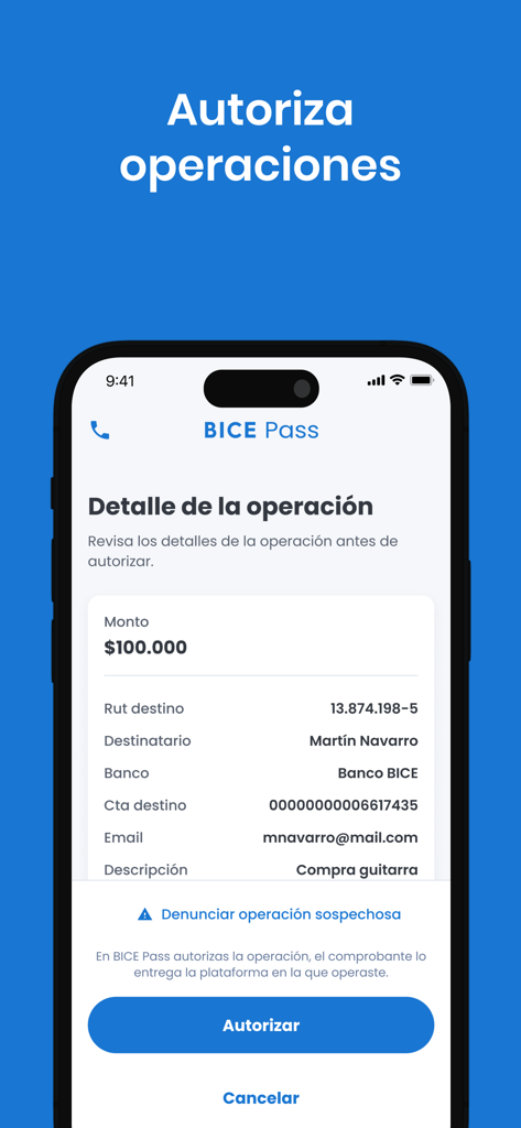BICE Pass - Pantalla móvil de la aplicación BICE Pass que muestra detalles de la transacción para autorizar una transferencia bancaria, incluyendo monto y nombre del destinatario