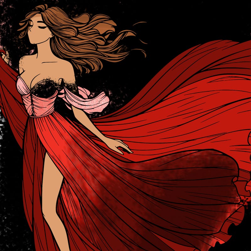 realistic woman in dress flowing the the wind