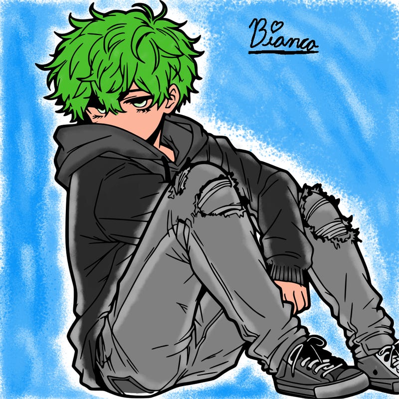 a male hoddie ripped jeans messy hair anime