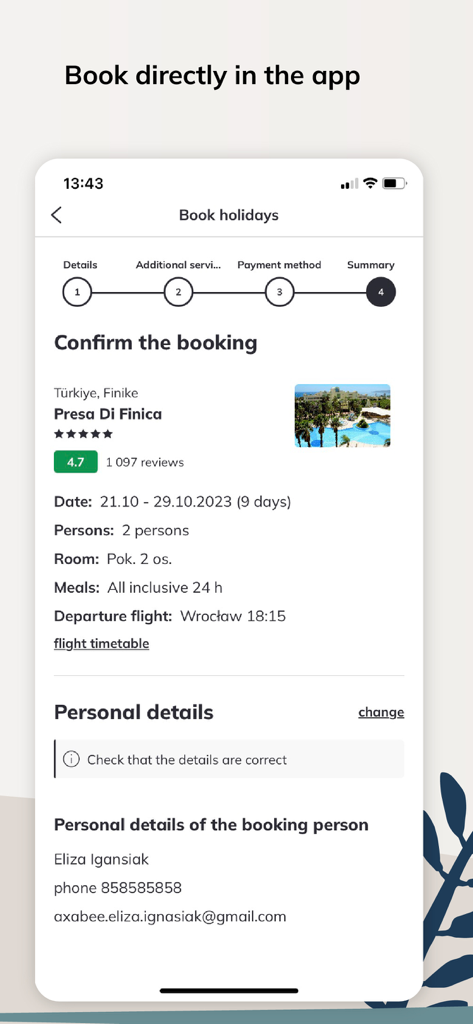 A mobile app screen showing the final step of a vacation booking confirmation with hotel and personal details