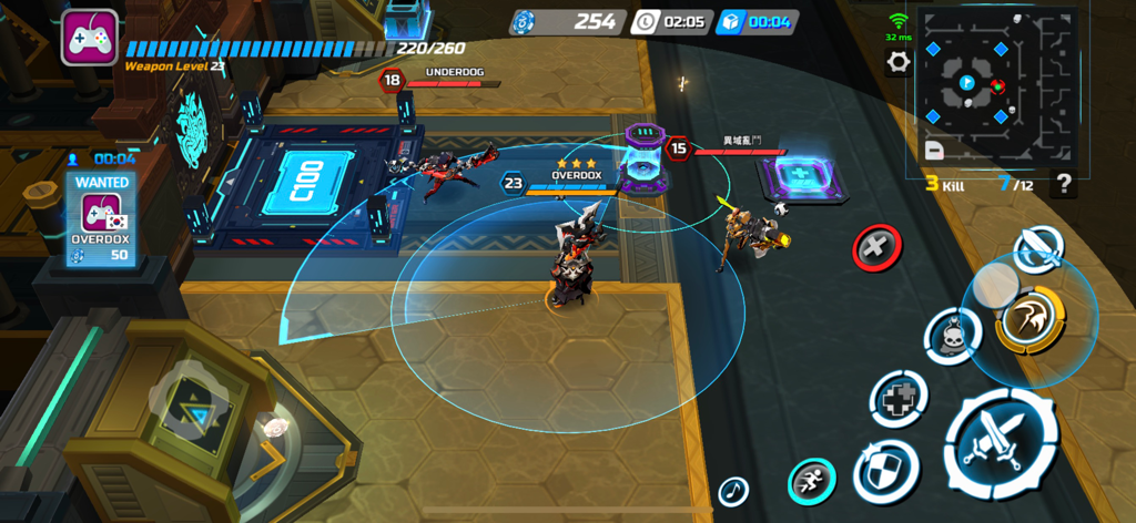 Top-down melee combat gameplay in Overdox showing characters and skill buttons