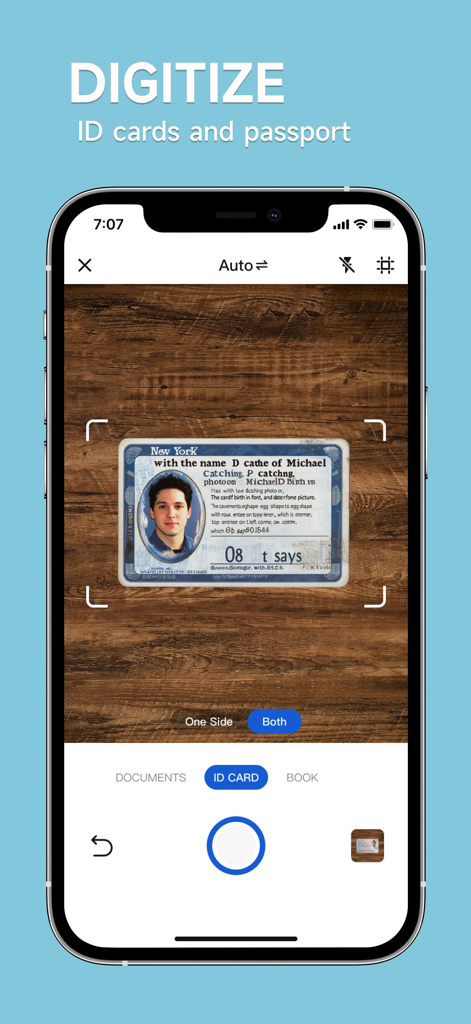 pScanner:PDF Document Scanner - pScanner mobile app interface scanning an ID card for digital conversion