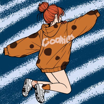 realistic girl jumping with a bun and oversized sweatshirt