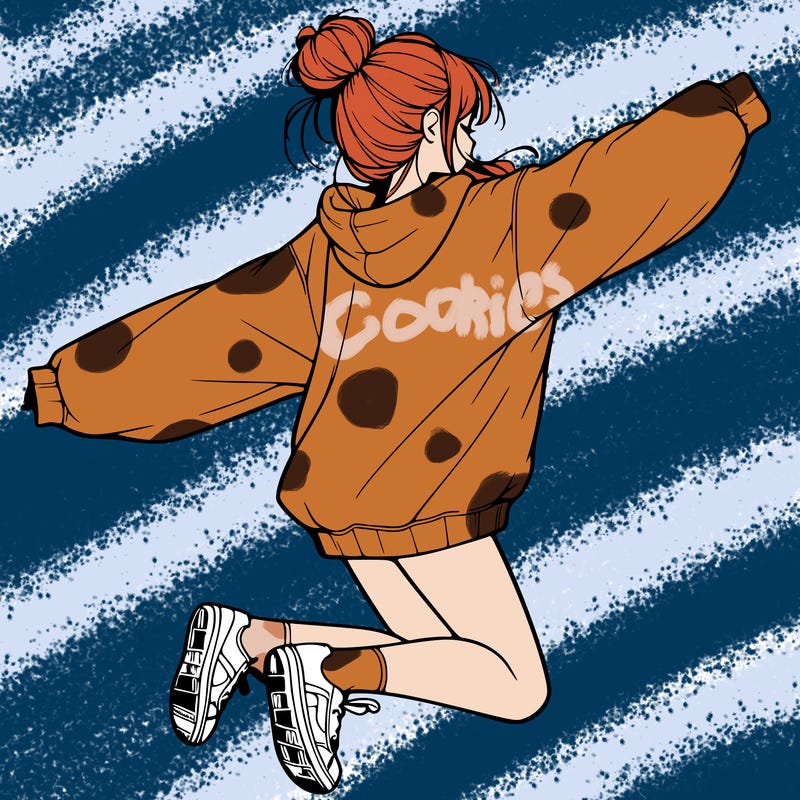 realistic girl jumping with a bun and oversized sweatshirt