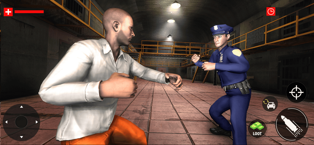 Jail Escape Prison Break Game - Un prisionero con pantalones naranjas luchando contra un oficial de policía dentro de una cárcel