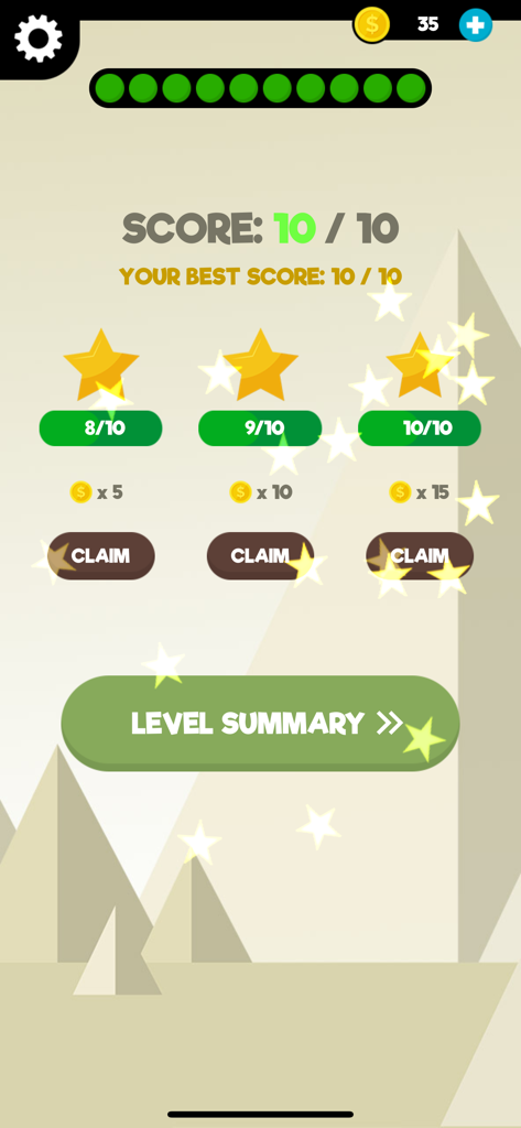 History: Quiz Game & Trivia - Pantalla de finalización de nivel en History Quiz Game que muestra una puntuación perfecta de 10 sobre 10 y recompensas de estrellas obtenidas.