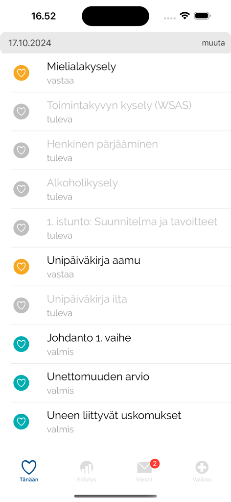 Nettiterapiat - Lista de tareas diarias de módulos de terapia y encuestas de estado de ánimo en la aplicación móvil Nettiterapiat.