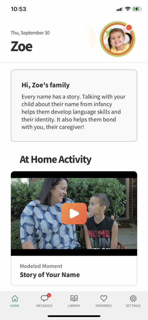 Teaching Strategies Family - The home screen of the Teaching Strategies Family app showing a child profile and an at home activity video