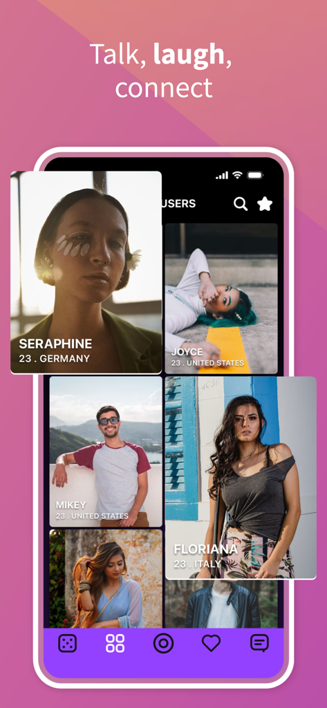 Zingy - Love at First Chat - Zingy app interface showing a grid of user profiles from different countries with the text Talk laugh connect