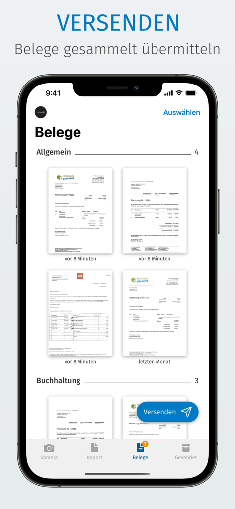 ADDISON OneClick Scan - Interface of the ADDISON OneClick Scan app showing a gallery of scanned receipts and documents with a blue send button.