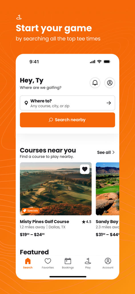 Supreme Golf mobile app interface for searching nearby golf courses and booking tee times