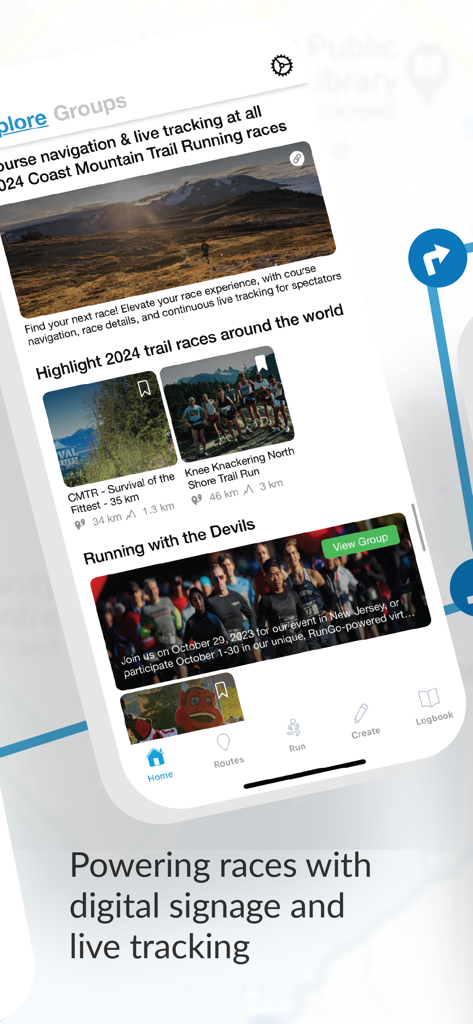 RunGo - The Best Routes to Run - RunGo app explore screen displaying trail running races and live tracking features