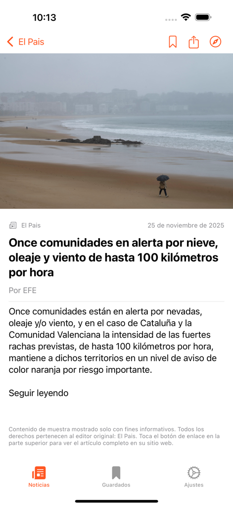 Capture d'écran de l'application Spain News affichant un article d'El Pais concernant les alertes météo en Espagne.