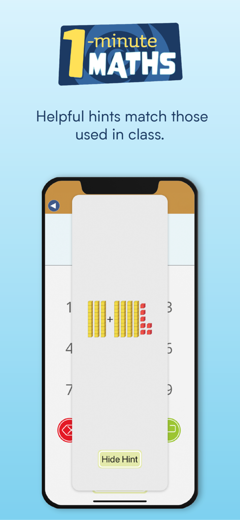 1-Minute Maths - Screenshot of the 1-Minute Maths app showing a visual hint with base-ten blocks to help children solve an addition problem