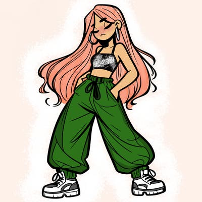 girl in baggy pants crop top and long hair