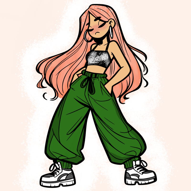 girl in baggy pants crop top and long hair