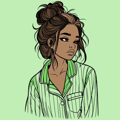 realistic woman with pajamas on and a messy bun