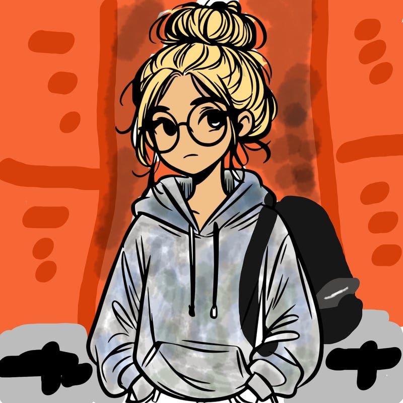 teen girl with a messy bun and glasses wearing a loose hoodie and jeans