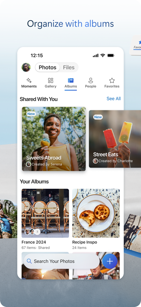 Screenshot of the Microsoft OneDrive mobile app showing organized photo albums and shared collections