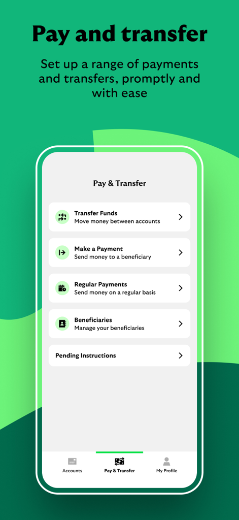 Lloyds Bank International - Lloyds Bank International app Pay and Transfer screen showing options for transferring funds and making payments