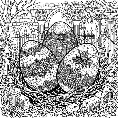 Explore the mysterious world of ancient creatures with this gothic-themed dinosaur egg coloring page. Featuring intricate patterns and a dramatic backdrop, it offers a captivating coloring challenge for all ages.