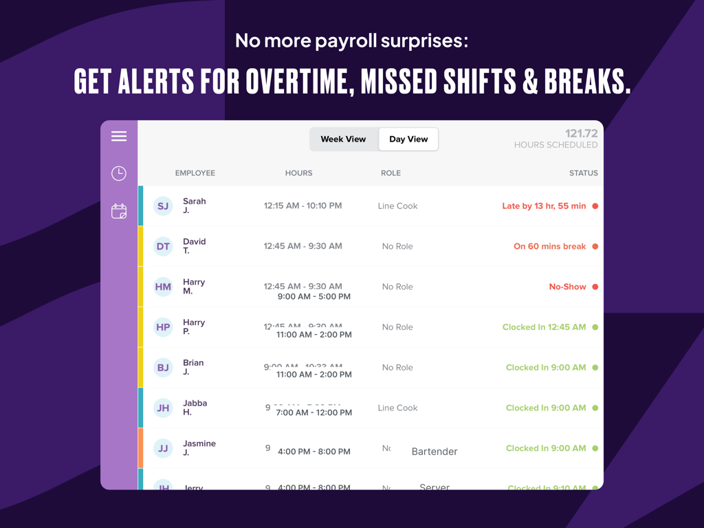 Time Clock by Homebase - Homebase app interface showing real-time employee attendance status and shift alerts on an iPad
