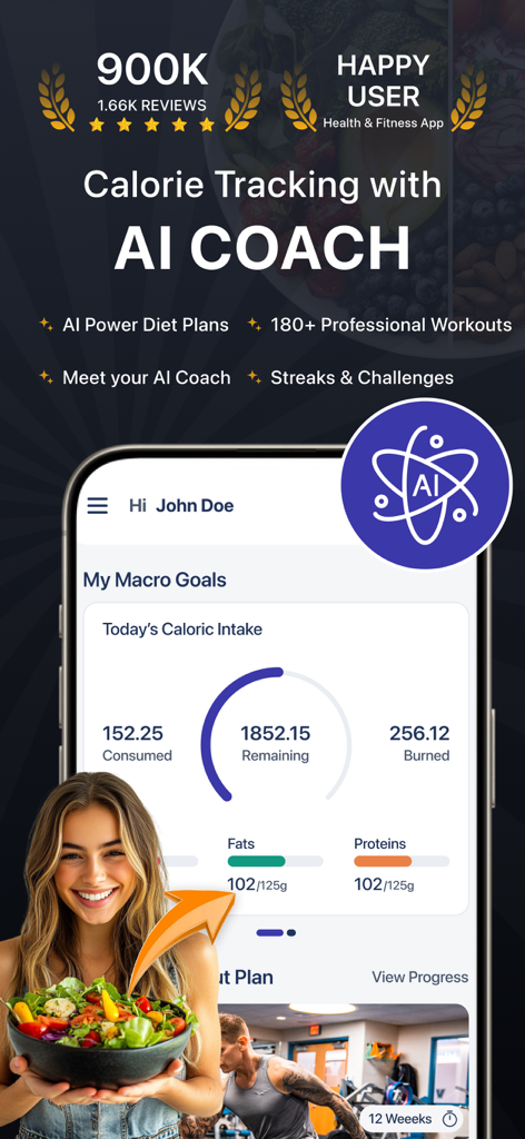 MyFitnessCoach-AI Fitness Diet - MyFitnessCoach app interface showing calorie tracking macro goals and AI coaching features