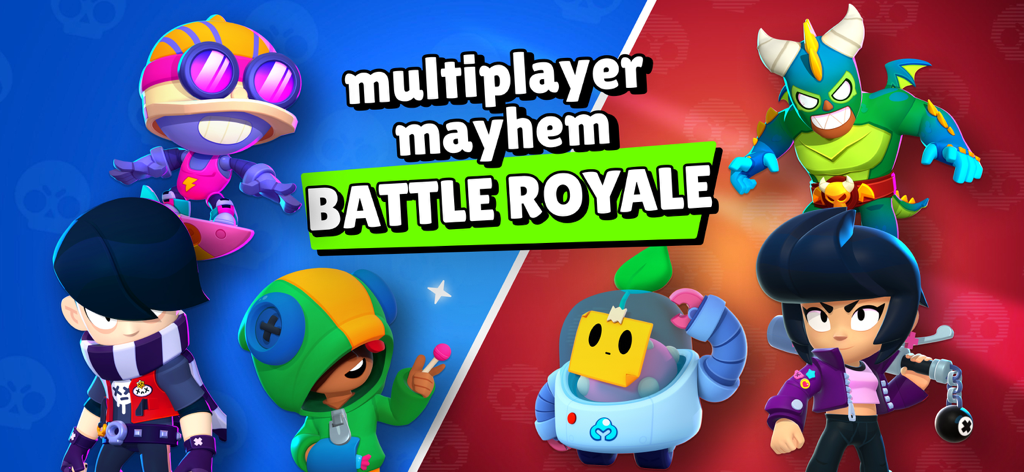 Brawl Stars characters on a blue and red background with multiplayer mayhem battle royale text