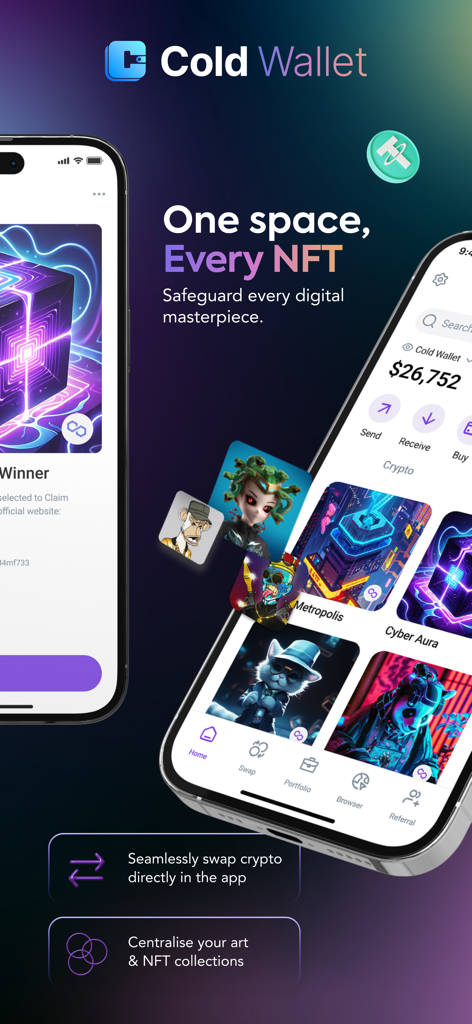 콜드 월렛 앱 화면이 NFT 및 디지털 걸작 갤러리를 표시합니다.