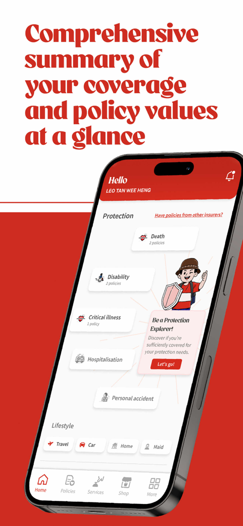 Great Eastern Singapore - Great Eastern Singapore app screen displaying a summary of insurance coverage and policy categories