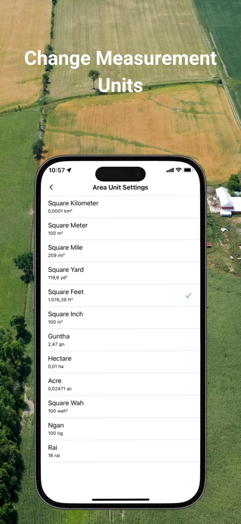 GPS Area Measure: GLandGo - Pantalla de la aplicación GLandGo que muestra la configuración de unidades de medición de área, incluyendo acres y hectáreas