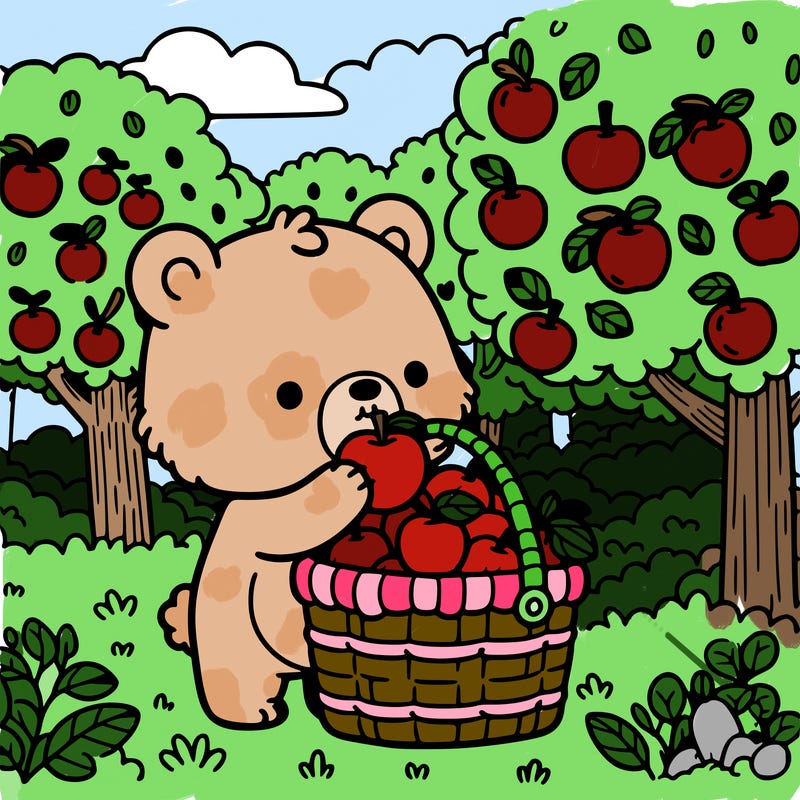 a cute bear picking and eating fruits in an orchard.