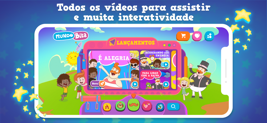 Mundo Bita Play app interface showing colorful musical videos and cartoon characters for toddlers.