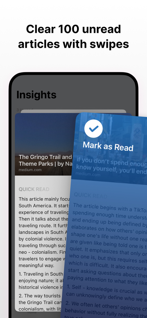 Cubox mobile app interface showing a swipe gesture to mark articles as read with an AI generated summary