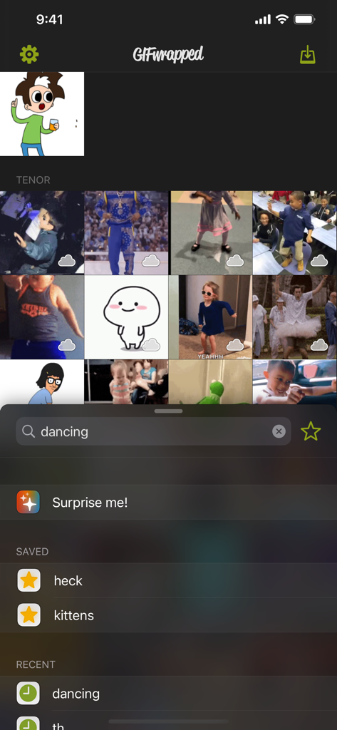 GIFwrappedアプリのインターフェース。保存済みおよび最近の検索ブックマークとともに、ダンスGIFの検索結果グリッドが表示されている。