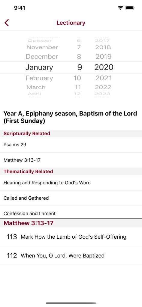 Lift Up Your Hearts Hymnal - Lectionary view showing hymns and scripture readings for the church calendar