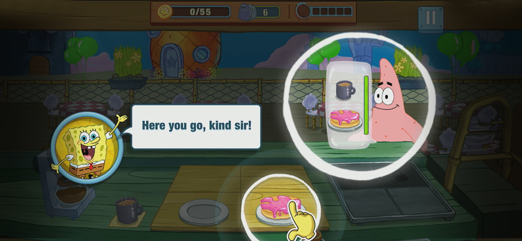 SpongeBob: Get Cooking - SpongeBob SquarePants serving a pink frosted cake to Patrick Star in a kitchen level.