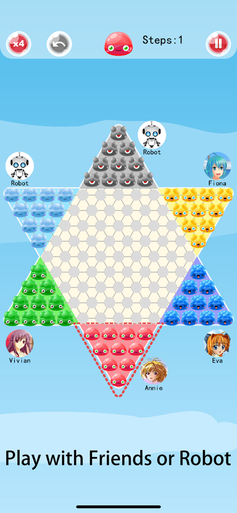 Chinese Checkers-A.I. Enhanced - Digital Chinese Checkers board with colorful character pieces and avatars for playing with friends or AI robots.