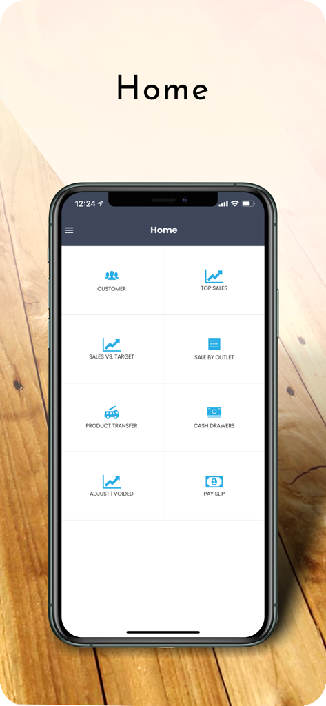 Zand Inventory - Startbildschirm der Zand Inventory App mit einem Dashboard mit Symbolen für Kunden, Top-Verkäufe, Produktransfers und Kassenschubladen