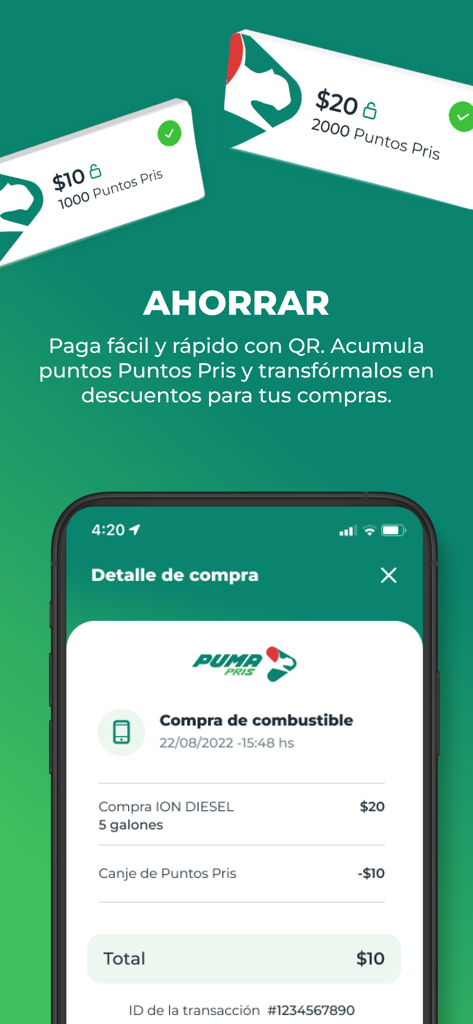 Puma PRIS (SV) - Puma PRIS mobile app screen showing a fuel purchase receipt with loyalty points redemption and total savings