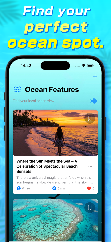 A smartphone displaying the Whale app interface with beautiful beach sunset and coral reef views