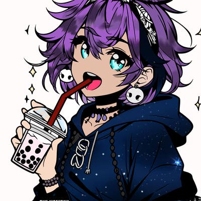 hot baddie anime girl drinking boba and biting the straw