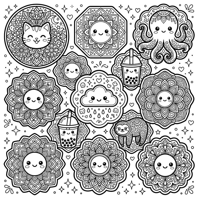 Unwind with this delightful collection of Kawaii coaster designs, featuring an array of charming characters and intricate patterns. Perfect for adults seeking a relaxing and creatively satisfying coloring experience.