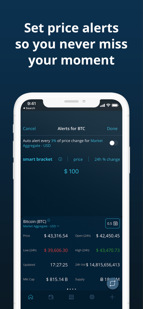 HODL Real-Time Crypto Tracker - HODL app screen showing Bitcoin price alert settings and real-time market data.