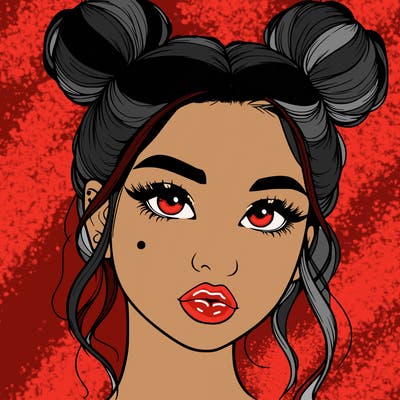 realistic girl with two buns on her hair and lips