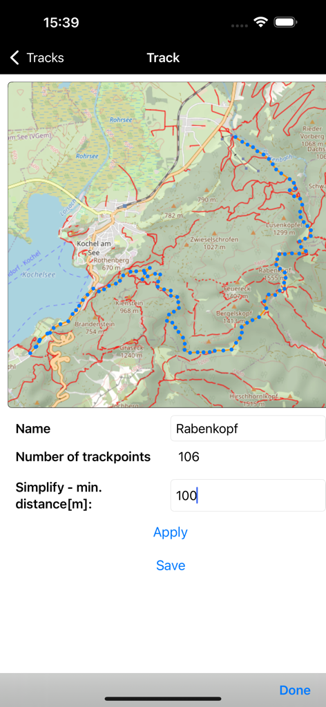 OSM Maps - OSM Maps app screen showing a GPX track on a topographic map with data points and track simplification settings.