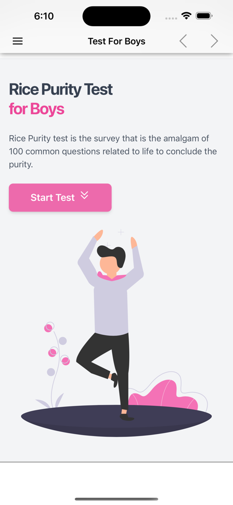 Rice Purity Test + - Rice Purity Test for Boys intro screen with a start button and character illustration